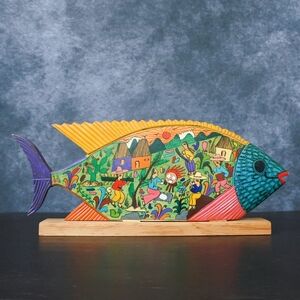 Vintage Hand Painted Mexico Scene Folk Art Wooden Fish Carving Sculpture